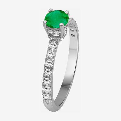 Womens 2 CT. T.W. Genuine Green Emerald 10K White Gold Round Cocktail Ring