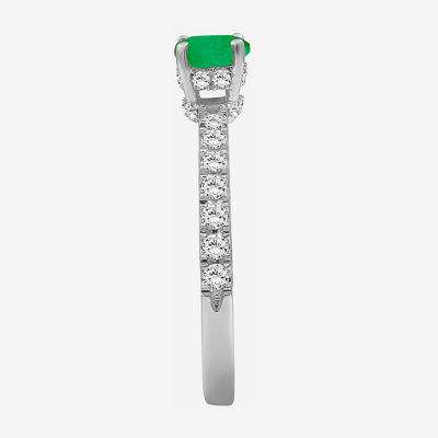 Womens 2 CT. T.W. Genuine Green Emerald 10K White Gold Round Cocktail Ring