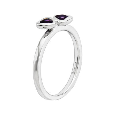 Personally Stackable Genuine Amethyst Sterling Silver Double-Heart Ring