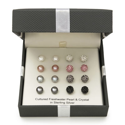 Cultured Freshwater Pearl and Crystal Sterling Silver 8-pr. Stud Earring Set