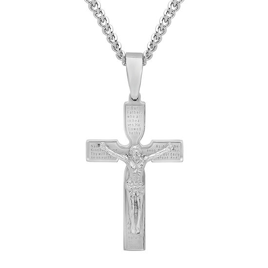 Mens Stainless Steel Lord's Prayer Crucifix Cross Pendant Necklace