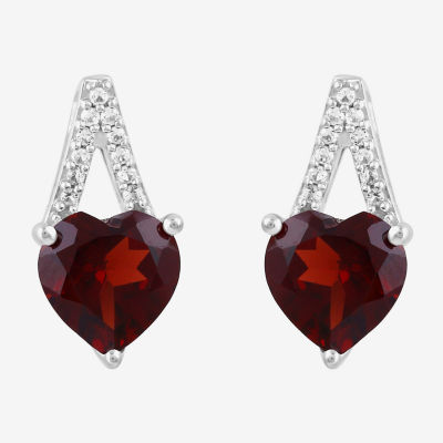 Genuine Red Garnet Sterling Silver 17.7mm Heart Stud Earrings