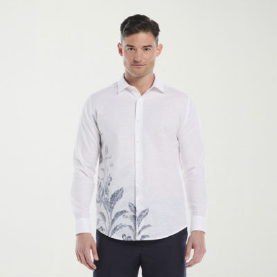 Cubavera Asymmetrical Placement Print Mens Long Sleeve Regular Fit Button-Down Shirt