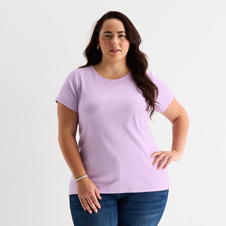 St. John's Bay Womens Plus Crew Neck Short Sleeve T-shirt In Purple