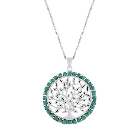 Tree_Of_Life Womens Enhanced Blue Turquoise Sterling Silver Round Pendant Necklace