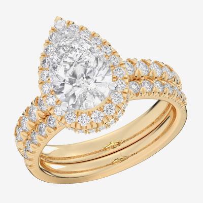 (G-H / Si1-Si2) Womens 1 5/8 CT. T.W. Lab Grown White Diamond 14K White Gold Pear Side Stone Halo Bridal Set