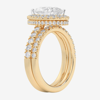 (G-H / Si1-Si2) Womens 1 5/8 CT. T.W. Lab Grown White Diamond 14K White Gold Pear Side Stone Halo Bridal Set