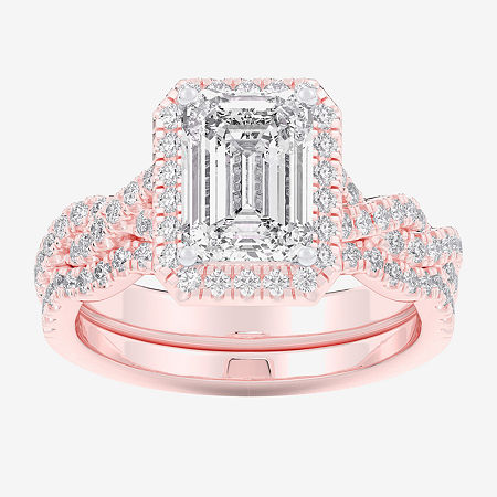 Modern Bride (g-h / Si1-si2) Womens 1 1/2 Ct. T.w. Lab Grown White Diamond 14k White Gold Side Stone Halo Bridal  In Pink