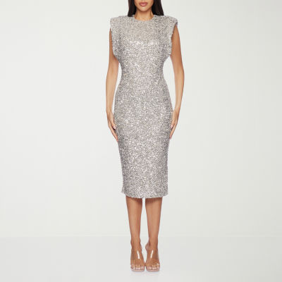 Premier Amour Womens Sleeveless Sequin Midi Sheath Dress