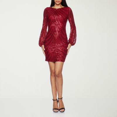 Premier Amour Womens Long Sleeve Sequin Shift Dress