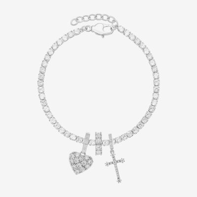 Sparkle Allure Charm Womens White Cubic Zirconia Pure Silver Over Brass Cross Heart 8 1/2 Inch Tennis Bracelet