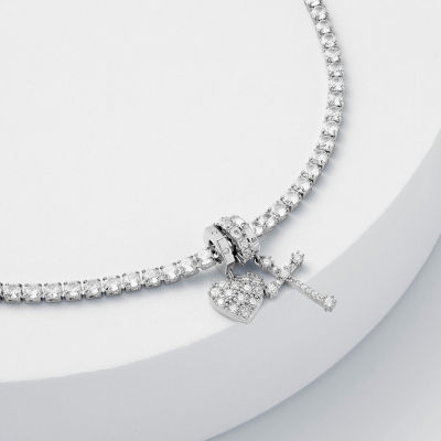 Sparkle Allure Charm Womens White Cubic Zirconia Pure Silver Over Brass Cross Heart 8 1/2 Inch Tennis Bracelet