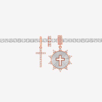 Sparkle Allure Charm White Cubic Zirconia Silver Tone Pure Silver Over Brass Cross 8 1/2 Inch Tennis Bracelet