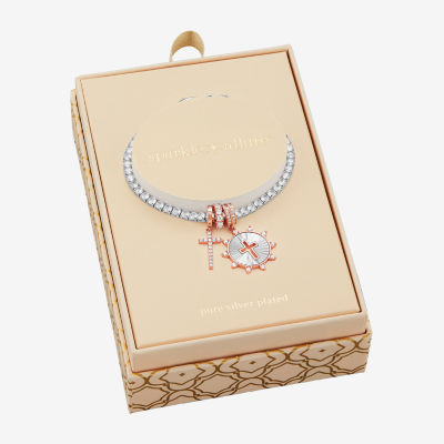 Sparkle Allure Charm White Cubic Zirconia Silver Tone Pure Silver Over Brass Cross 8 1/2 Inch Tennis Bracelet