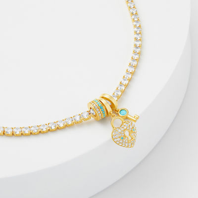 Sparkle Allure Charm Turquoise Cubic Zirconia Gold Tone 14K Gold Over Brass Heart 8 1/2 Inch Tennis Bracelet