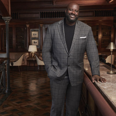 Shaquille O'Neal XLG Black Mens Big and Tall Plaid Stretch Fabric Regular Fit Suit Jacket