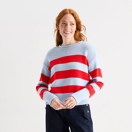 St. John's Bay Womens Crew Neck Long Sleeve Striped Pullover Sweater In Blue