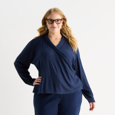 Liz Claiborne Womens Plus V Neck Long Sleeve Blouse