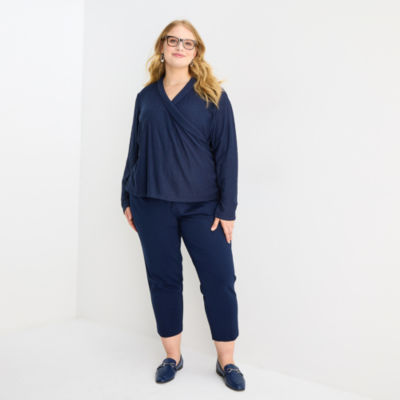 Liz Claiborne Womens Plus V Neck Long Sleeve Blouse