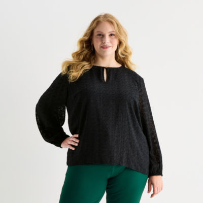 Liz Claiborne Shine Womens Plus Keyhole Neck Long Sleeve Blouse