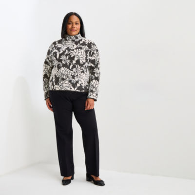 Liz Claiborne Plus Womens Funnel Neck Long Sleeve Floral Pullover