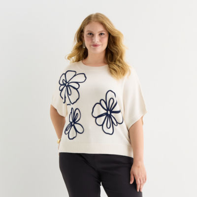 Liz Claiborne Plus Womens Crew Neck Elbow Sleeve Pullover Sweater