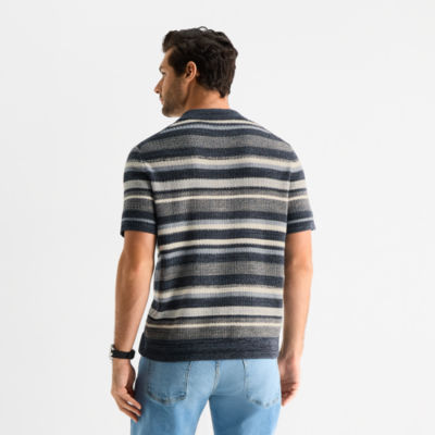 mutual weave Textured Stripe Mens Short Sleeve Button Polo Sweater
