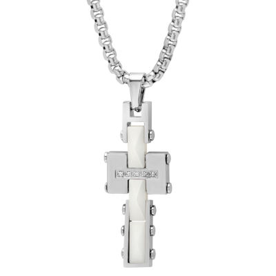 Minoxia Mens 1/10 CT. T.W. Lab Created White Cubic Zirconia Stainless Steel Cross Pendant Necklace