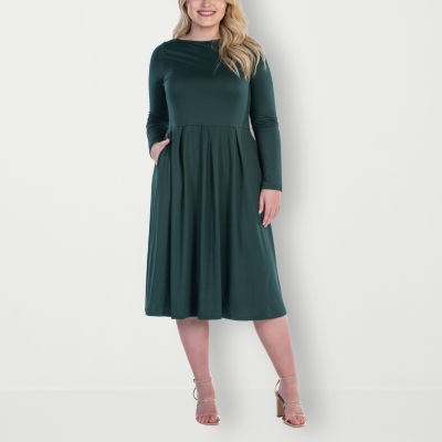 24seven Comfort Apparel Womens Plus Long Sleeve Midi Fit + Flare Dress