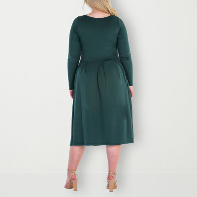 24seven Comfort Apparel Plus Long Sleeve Midi Fit + Flare Dress