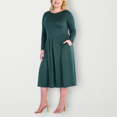 24seven Comfort Apparel Womens Long Sleeve Midi Fit + Flare Dress Plus