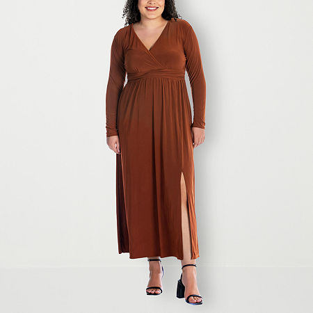 24seven Comfort Apparel Womens Long Sleeve Maxi Dress Plus, 2x, Brown