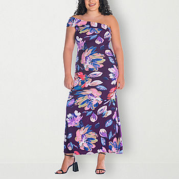24seven Comfort Apparel Plus Short Sleeve Floral Maxi Dress, Color: Purple  Multi - JCPenney