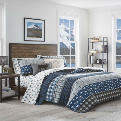 Eddie Bauer Blue Creek Plaid Floral Reversible Quilt Set