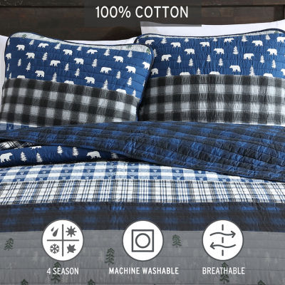 Eddie Bauer Blue Creek Plaid Floral Reversible Quilt Set