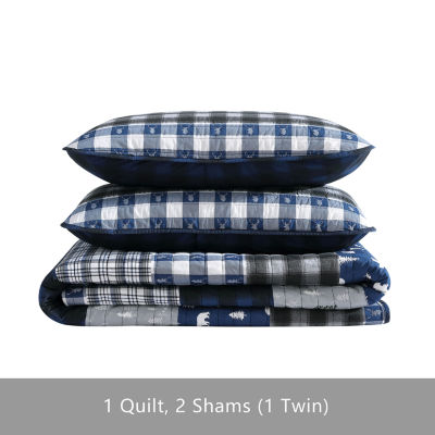 Eddie Bauer Blue Creek Plaid Floral Reversible Quilt Set