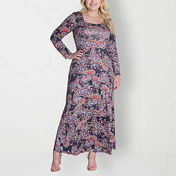 24seven Comfort Apparel Plus Long Sleeve Paisley Maxi Dress, Color: Red  Multi - JCPenney