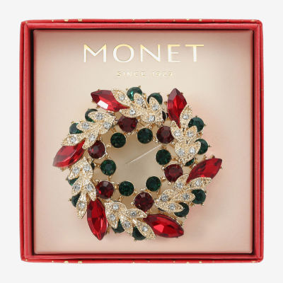Monet Jewelry Gold Tone Wreath Multi Color Glass Pin