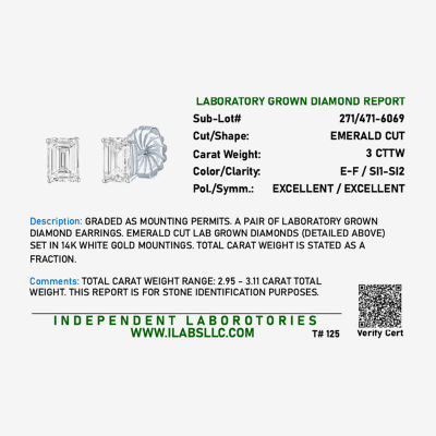 ( /E-F/Si1-Si2 ) 3 CT. T.W. Lab-GrownDiamond 14K Gold 8.1mm Emerald Stud Earrings