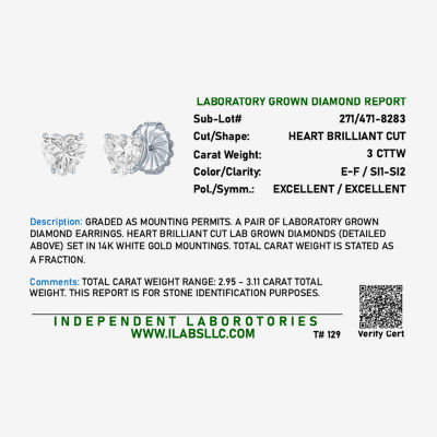 ( E-F/Si1-Si2 ) 3 CT. T.W. Lab-Grown Diamond 14K Gold 8.1mm Heart Stud Earrings