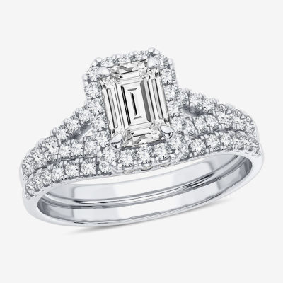 Signature By Modern Bride (H-I / Si1-Si2) Womens 1 3/8 CT. T.W. Lab Grown White Diamond 10K White Gold Side Stone Halo Bridal Set