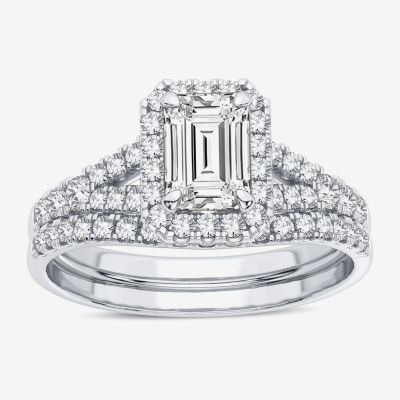 Signature By Modern Bride (H-I / Si1-Si2) Womens 1 3/8 CT. T.W. Lab Grown White Diamond 10K White Gold Side Stone Halo Bridal Set