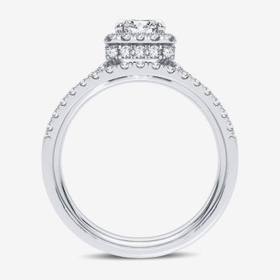 Signature By Modern Bride (H-I / Si1-Si2) Womens 1 3/8 CT. T.W. Lab Grown White Diamond 10K White Gold Side Stone Halo Bridal Set