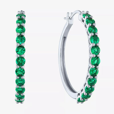 Lab Created Green Emerald Sterling Silver 30mm Hoop Earrings