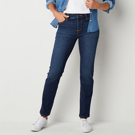 St. John's Bay Womens Mid Rise Secretly Slender Straight Leg Jean, 4, Blue