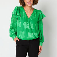 Laurel Grey Womens V Neck Long Sleeve Blouse, Medium, Green