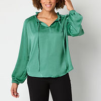 Laurel Grey Womens Straight Neck Long Sleeve Blouse, Small, Green