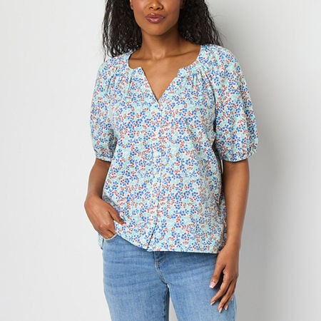 St. John's Bay Womens Split Crew Neck Short Sleeve Blouse, Petite Large, Multiple Colors