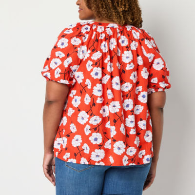 St. John's Bay Womens Plus Split Crew Neck Short Sleeve Blouse