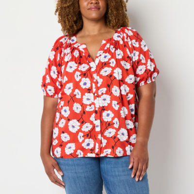 St. John's Bay Womens Plus Split Crew Neck Short Sleeve Blouse